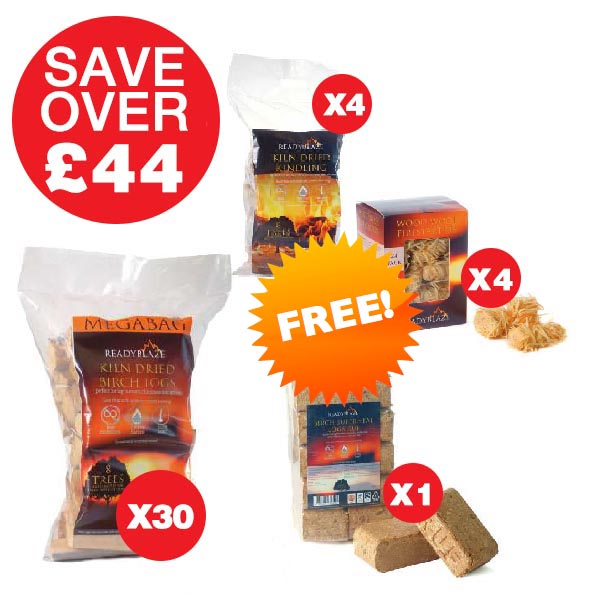 30 PACK OF 14KG MEGABAG BIRCH KILN DRIED LOGS, 4 FREE KINDLING, 4 FREE WOOD WOOL & 1 FREE BRIQUETTE - Firewood NI – Readyblaze Stockist