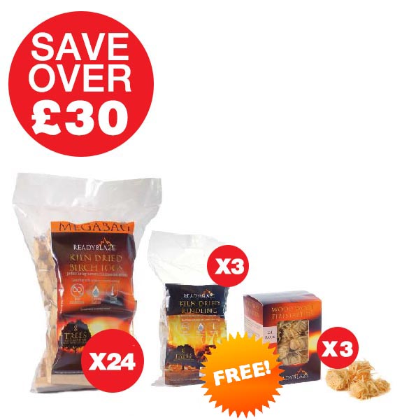 24 PACK OF 14KG MEGABAG BIRCH KILN DRIED LOGS, 3 FREE KINDLING & 3 FREE WOODWOOL - Firewood NI – Readyblaze Stockist