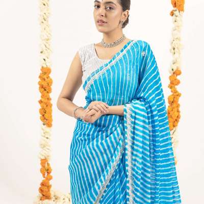 Pure Georgette 40 Gsm Firozi Blue Leheriya Resham Pearl Border Butti Work Saree Profile Picture