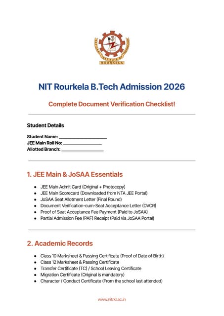 NIT Rourkela B.Tech Admissions 2026: Official Reporting & Document Checklist | PDF