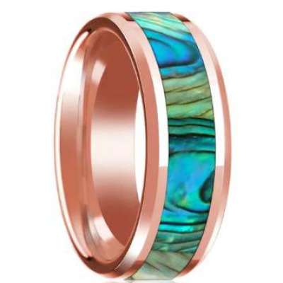 Mother of Pearl Inlaid 14k Rose Gold Polished Wedding Band for Men with Beveled Edges - 8MM Profile Picture