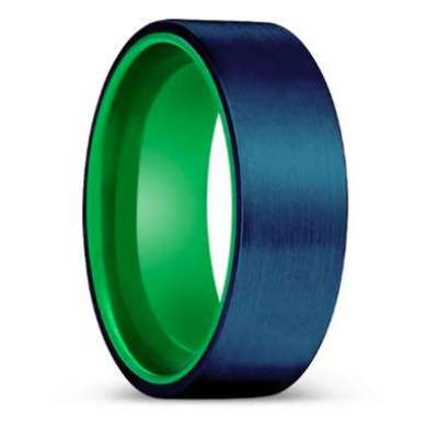 RUVEN | Green Ring, Blue Tungsten Ring, Brushed, Flat Profile Picture