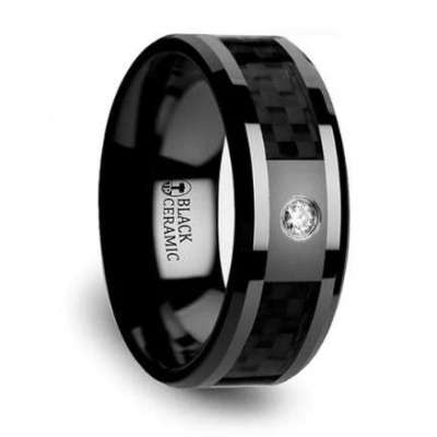 ANGUS | Black Ceramic Ring, Black Carbon Fiber Inlay, Diamond, Beveled Profile Picture